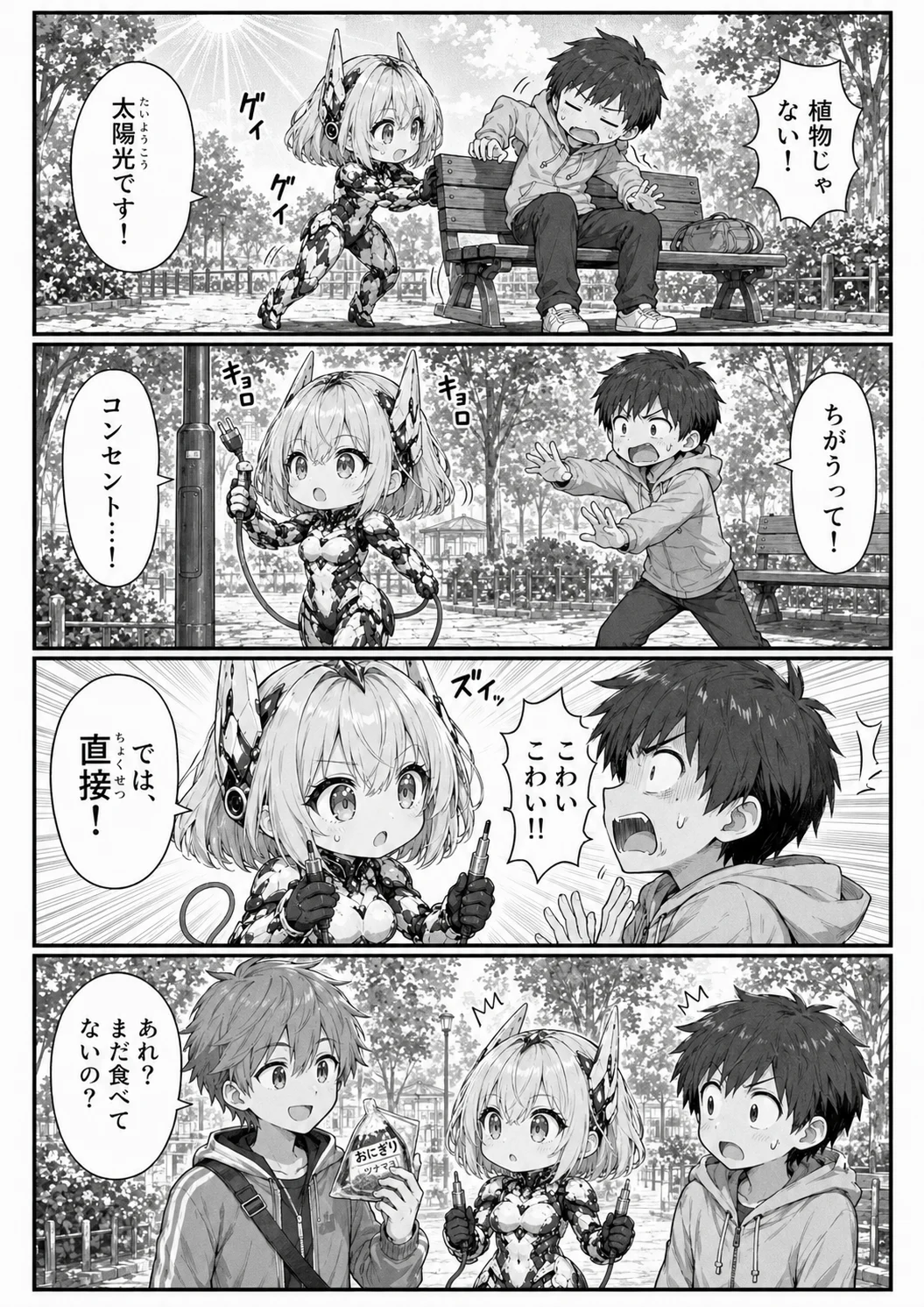 4コマ漫画 第3話「充電します」2ページ目。