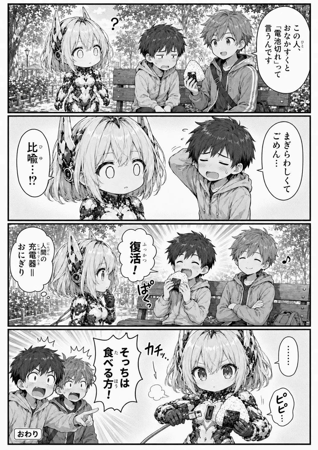 4コマ漫画 第3話「充電します」3ページ目。