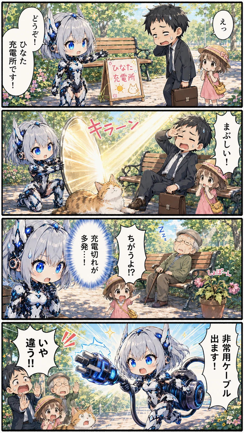 4コマ漫画 第5話「ひなた充電所」2ページ目。