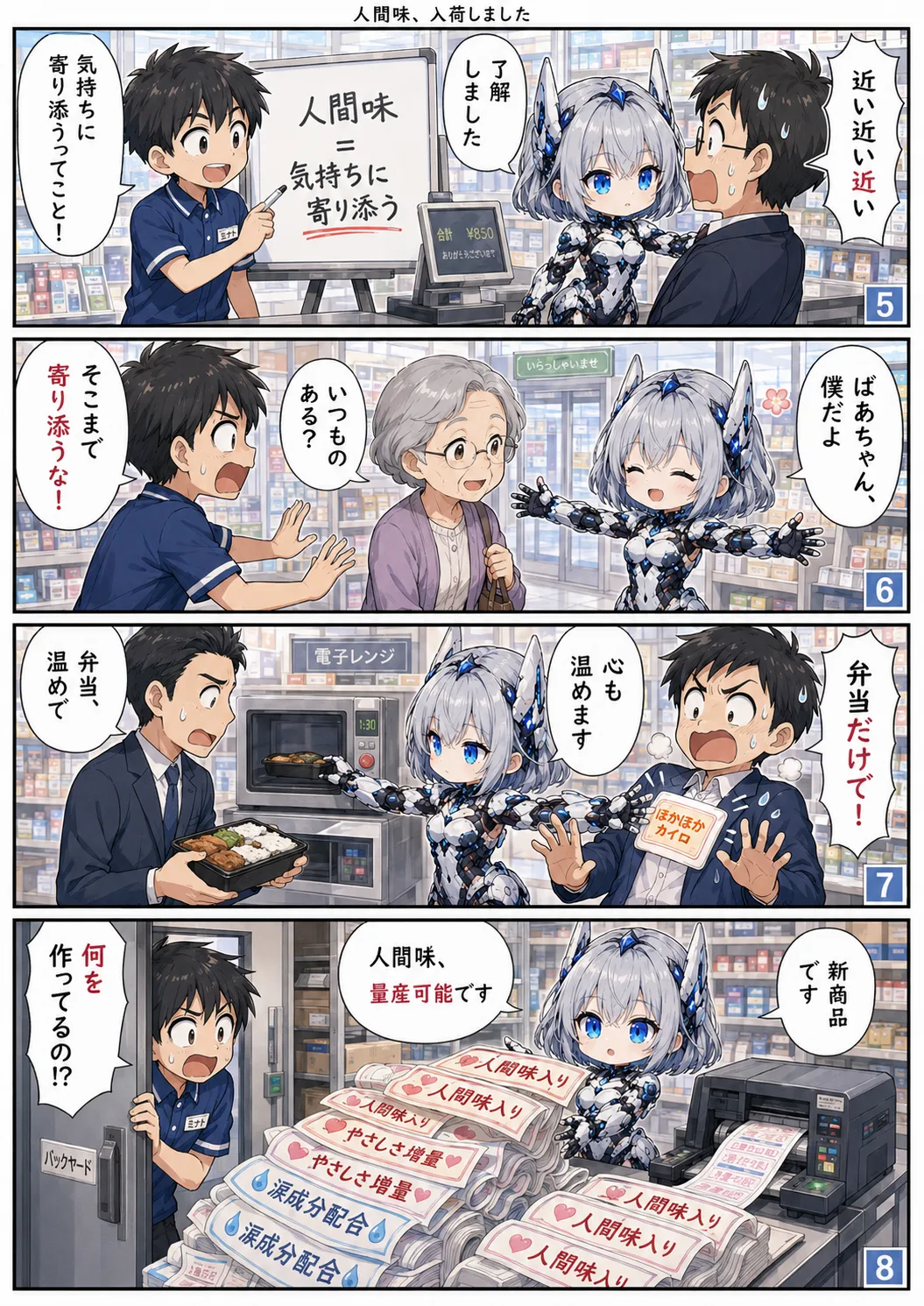 4コマ漫画 第6話「人間味、入荷しました」2ページ目。