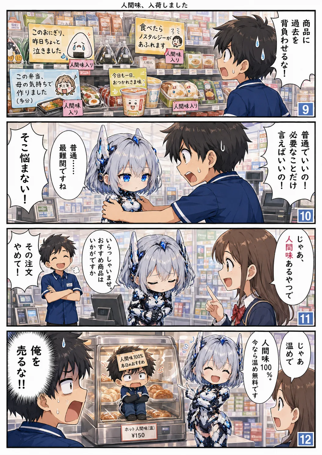4コマ漫画 第6話「人間味、入荷しました」3ページ目。